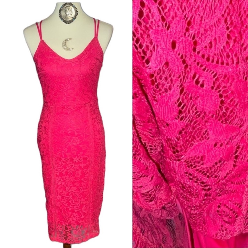 Shoe Dazzle Hot Pink Lace Bodycon Style Form Fitting MIDI dress Small NWT